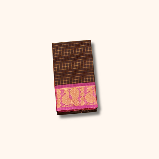 Brown Checked Cotton Saree with Pink Peacock Border – Without Blouse