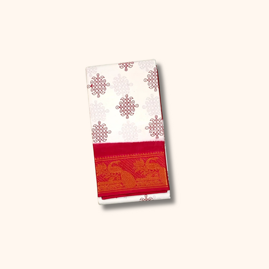 Off White Sungudi Cotton Saree with Red Temple Border