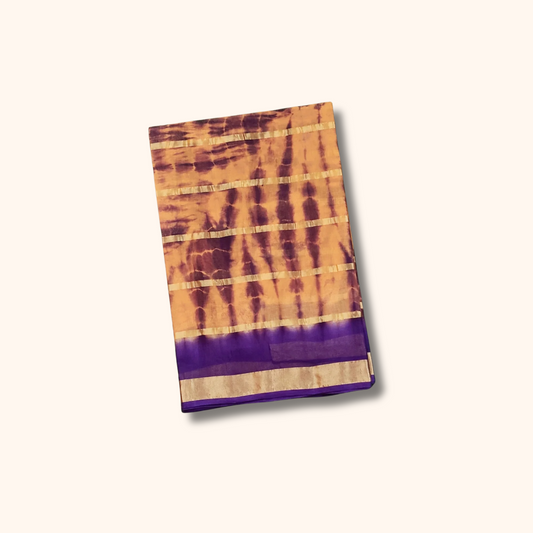 Mustard Yellow & Purple Tie-Dye Cotton Saree with Gold Zari Border