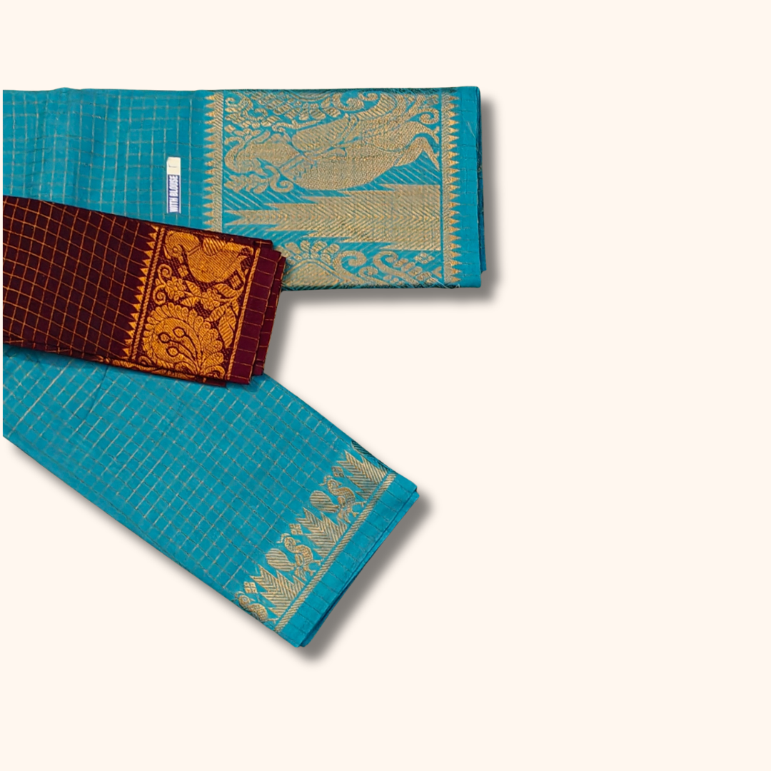 Sky Blue Thread Work Sungudi Cotton Saree with Maroon Peacock Zari Border