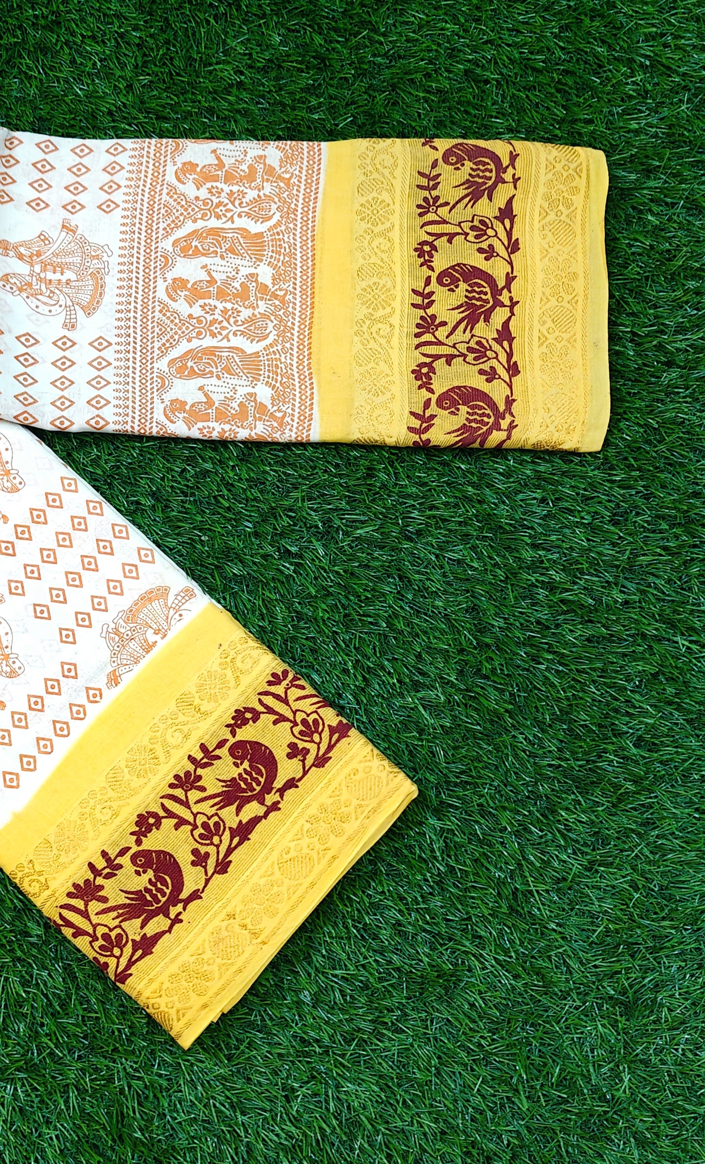 Cream Sungudi Cotton Saree with Traditional Brown Motifs & Yellow Bird Border