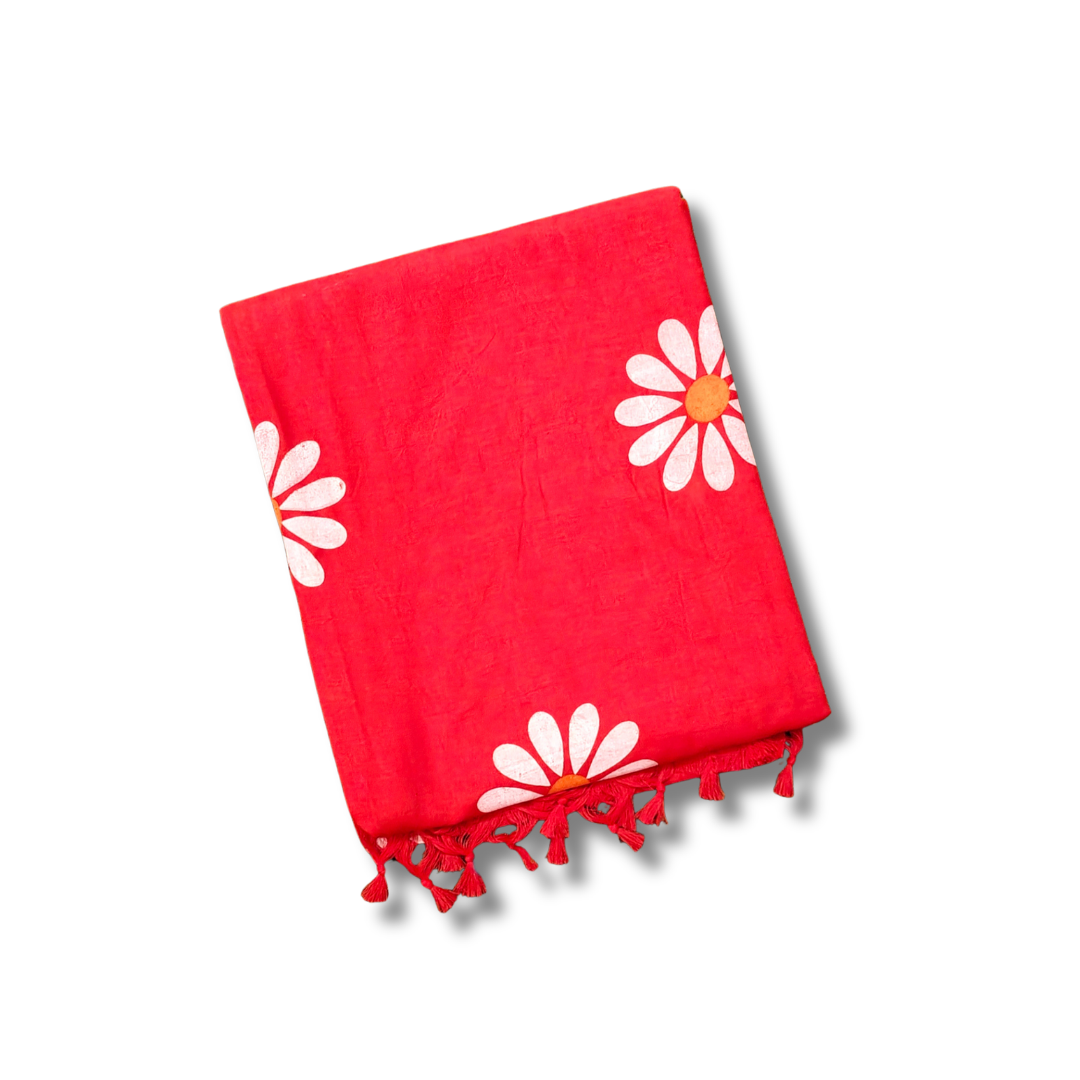 Mulmul Cotton Saree in Bright Red with Daisy Floral Print & Tassel Pallu
