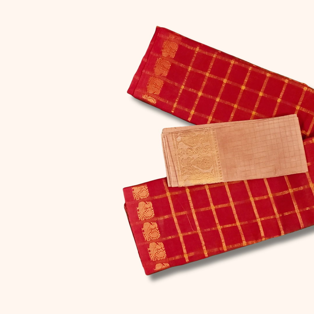 Ruby Red Chettinad Cotton Saree with Beige Contrast Blouse