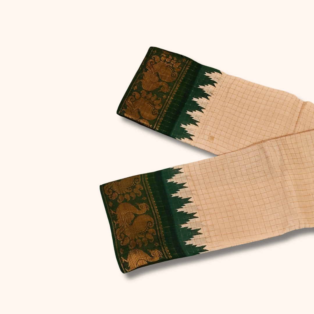 Beige with Gold Checked Sungudi Cotton Saree & Dark Green Peacock Zari Border