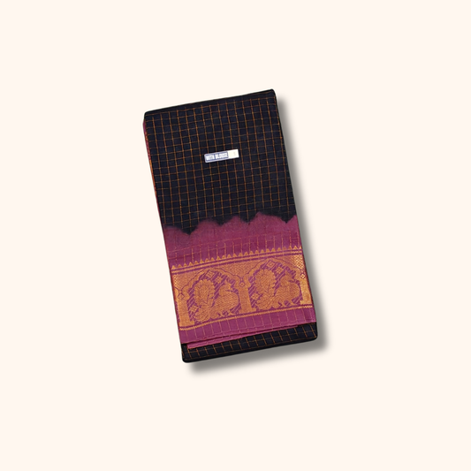 Black Thread Work Sungudi Cotton Saree with Purple Peacock Zari Border