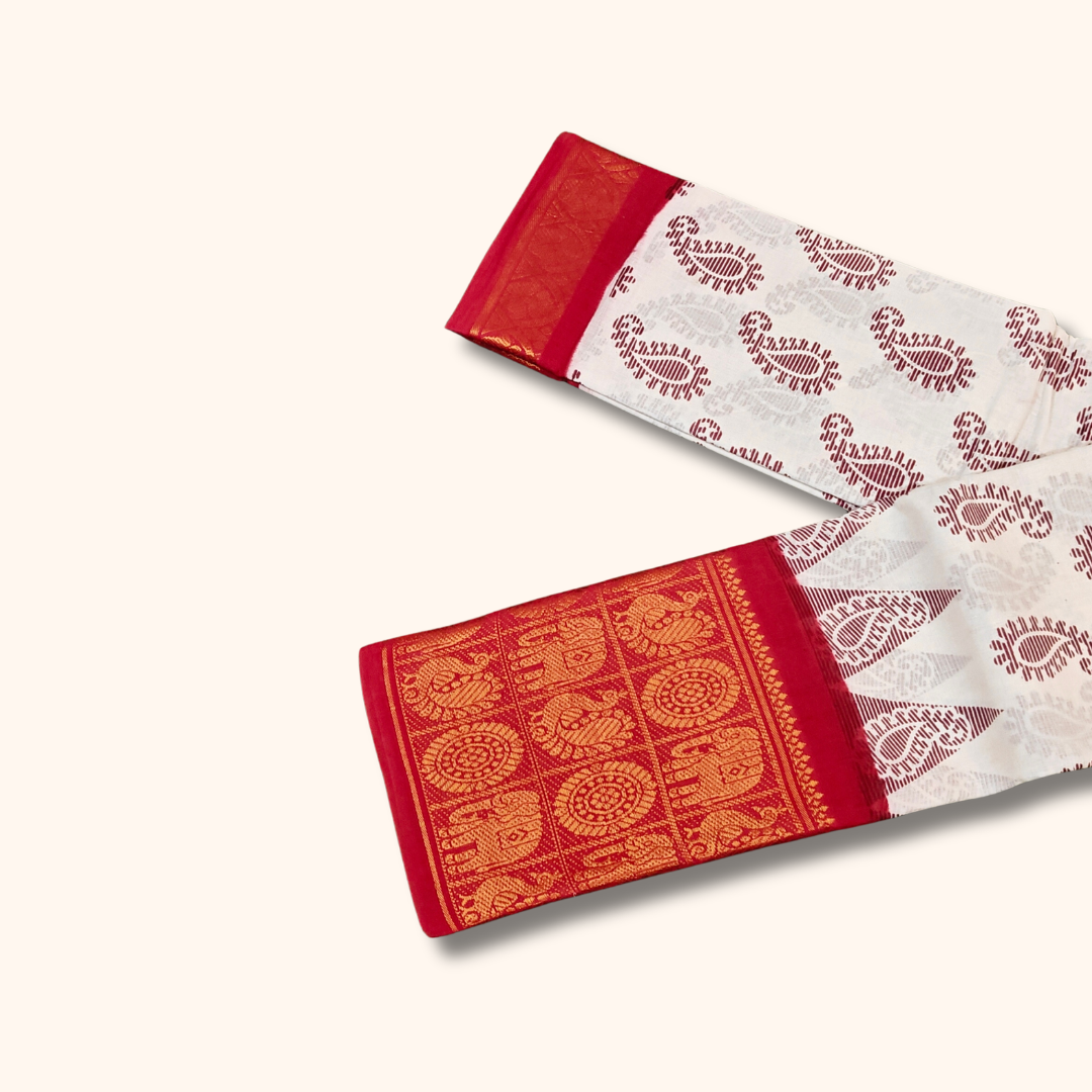 Off White Sungudi Cotton Saree with Red Elephant Border