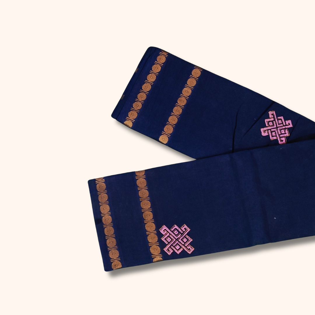 Dark Blue Cotton Saree with Gold Border – Running Blouse