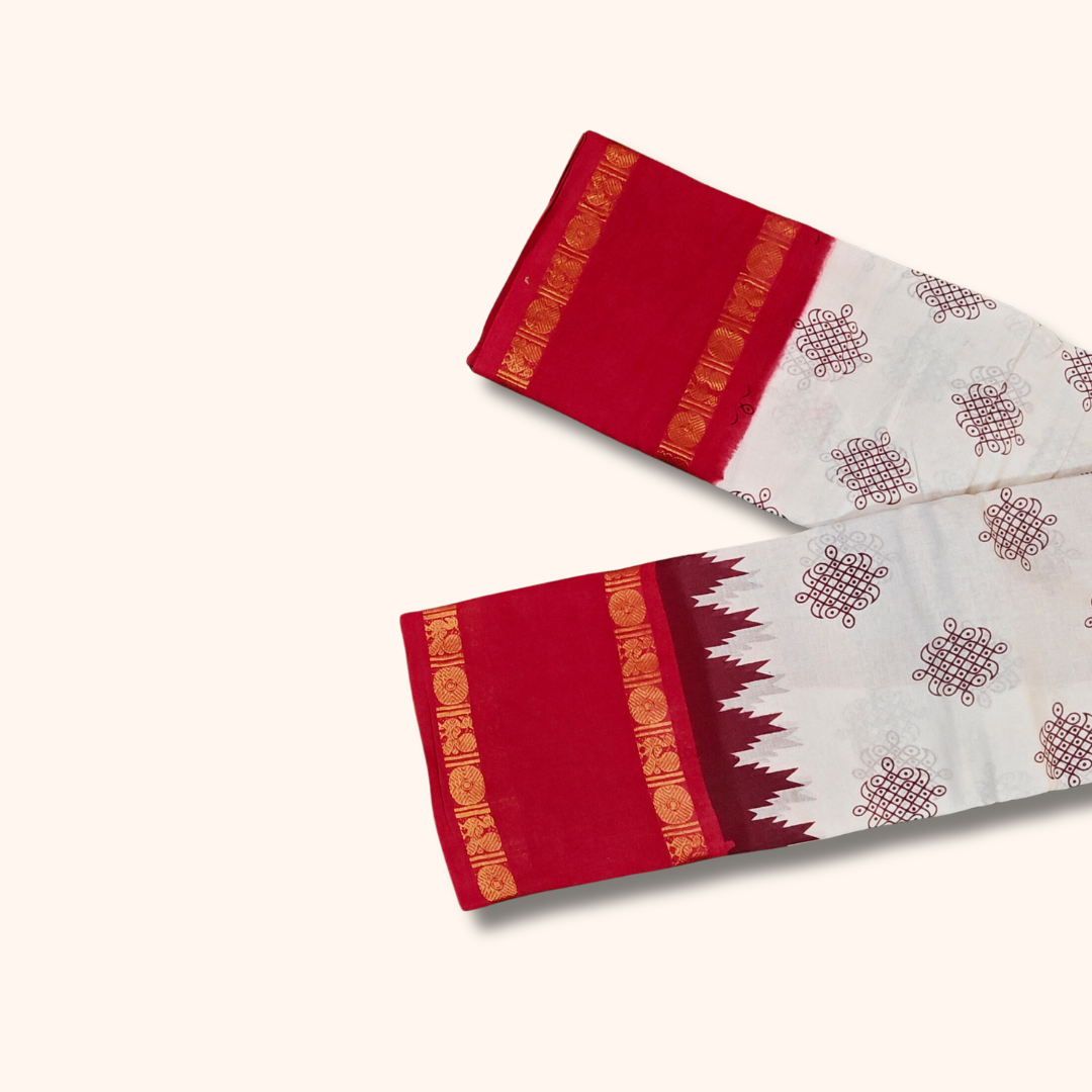 White Cotton Saree with Bright Red Temple Border – Running Blouse