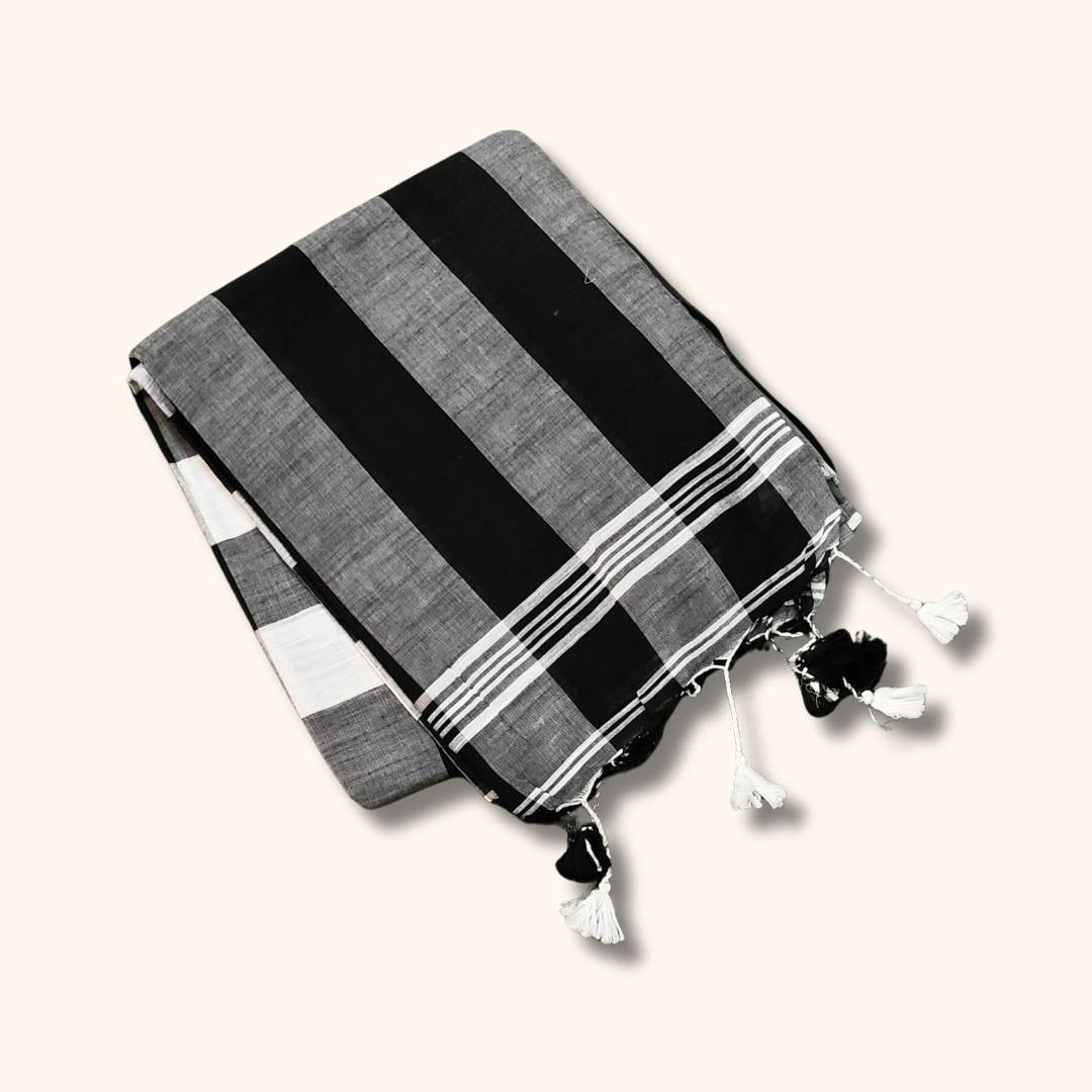 Mulmul Cotton Grey & Black Striped Saree