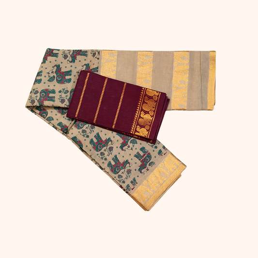 Beige Elephant Print Sungudi Cotton Saree with Gold Zari Elephant Border