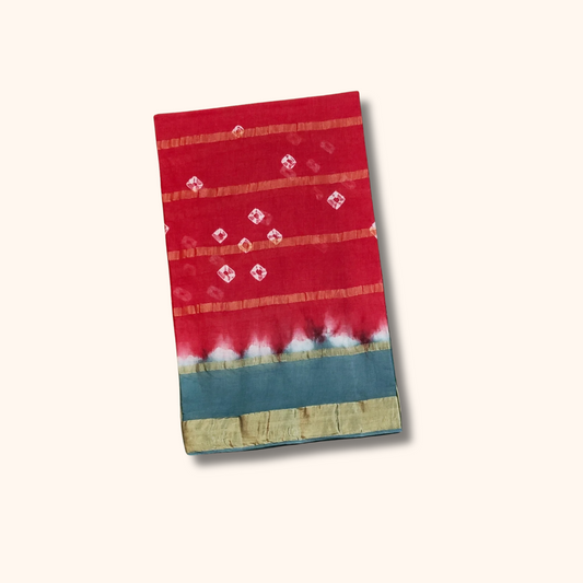Red & Teal Blue Cotton Saree with Gold Zari Border & Traditional Motifs