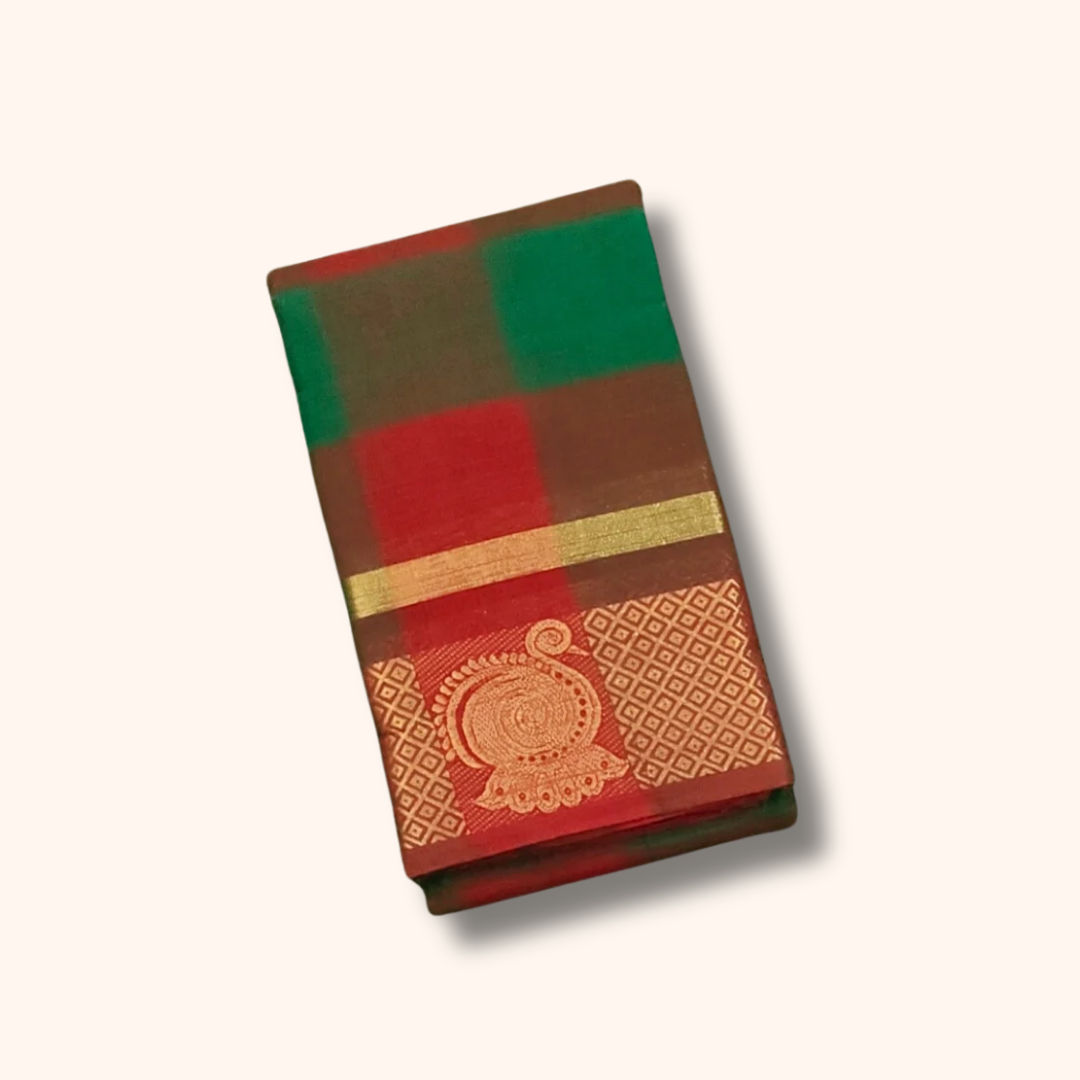 Multi-Colour Chettinad Cotton Kattam Saree with Traditional Zari Border
