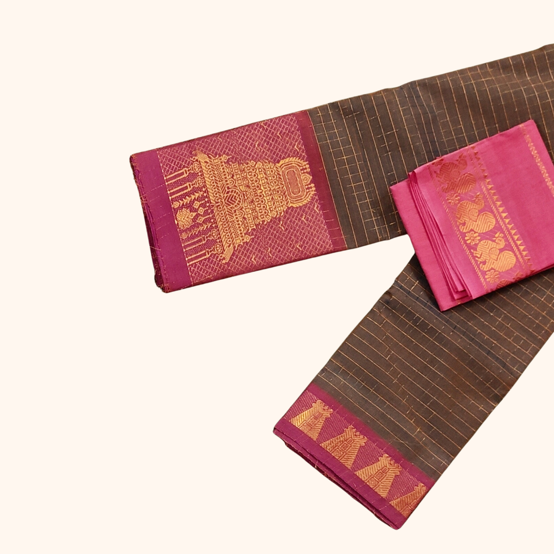 Brown Temple Border Cotton Saree with Pink Pallu Separate Blouse Piece