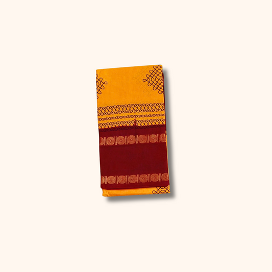 Mustard Yellow Kolam Cotton Saree with Maroon Zari Border – Running Blouse