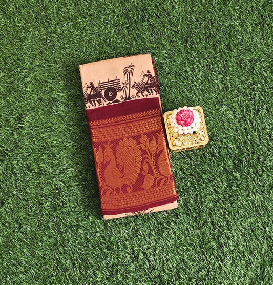 Beige Sungudi Cotton Saree with Maroon Zari Border & Traditional Prints