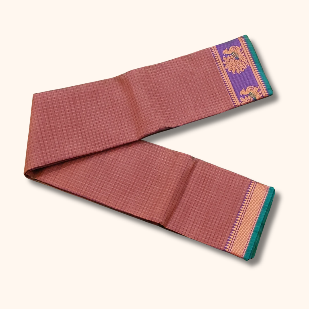 Dusty Rose Chettinad Cotton Saree with Peacock Border