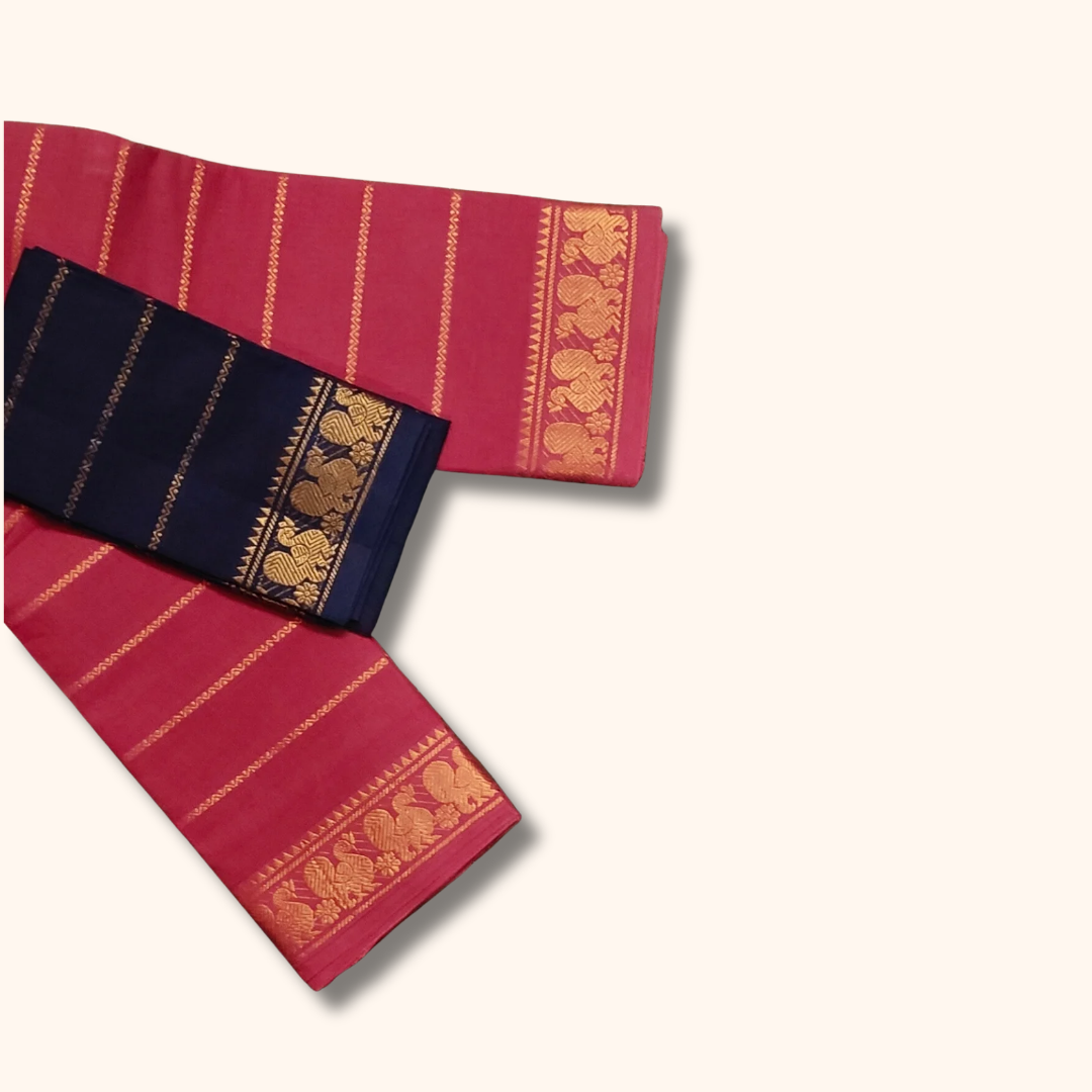 Rani Pink Cotton Saree with Navy Blue Contrast Blouse