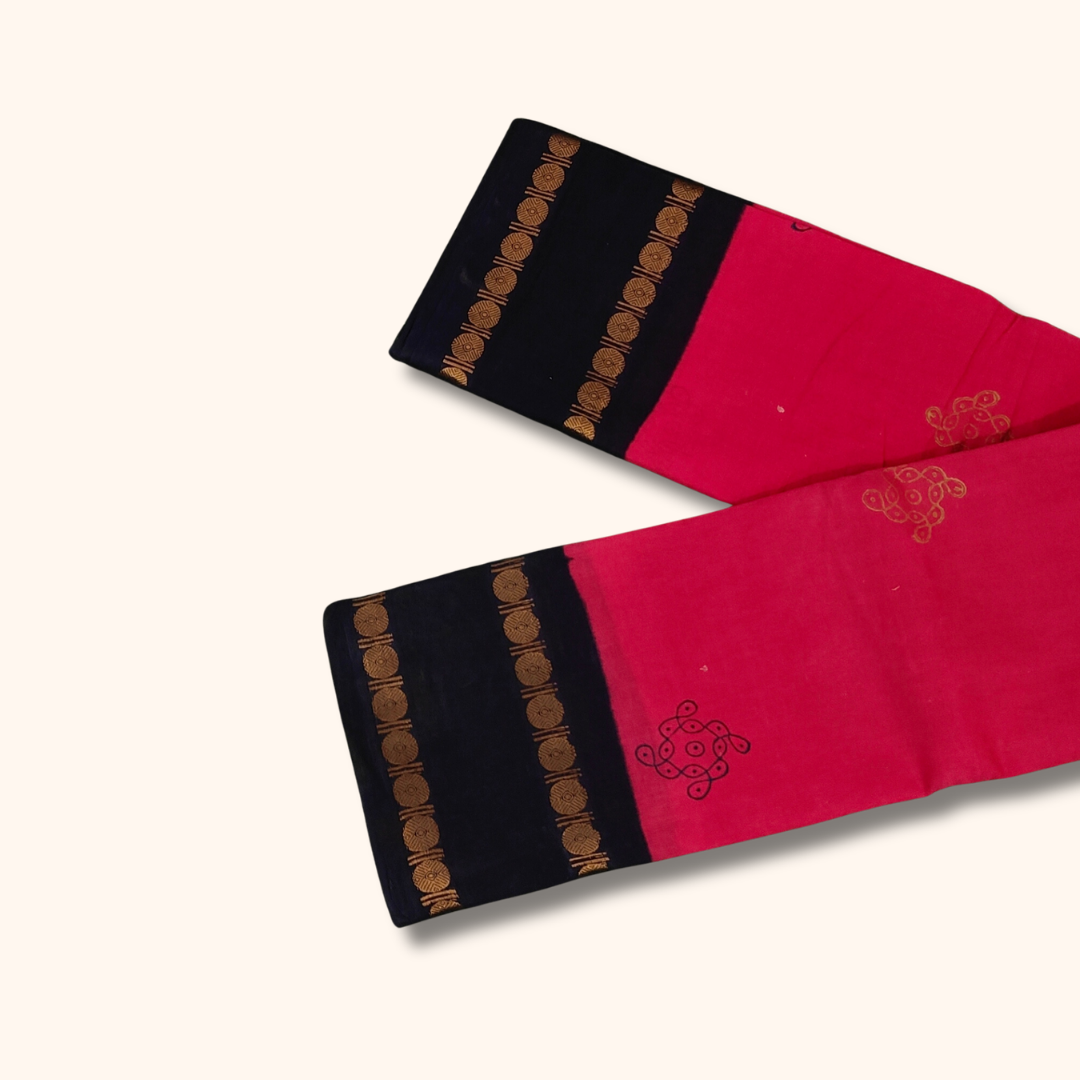 Pink Cotton Saree with Navy Blue Border – Running Blouse