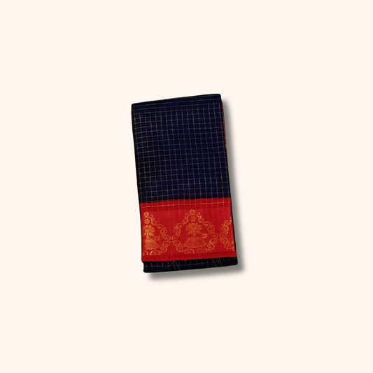 Dark Navy Blue Sungudi Cotton Saree with Red Zari Border