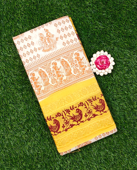 Cream Sungudi Cotton Saree with Traditional Brown Motifs & Yellow Bird Border
