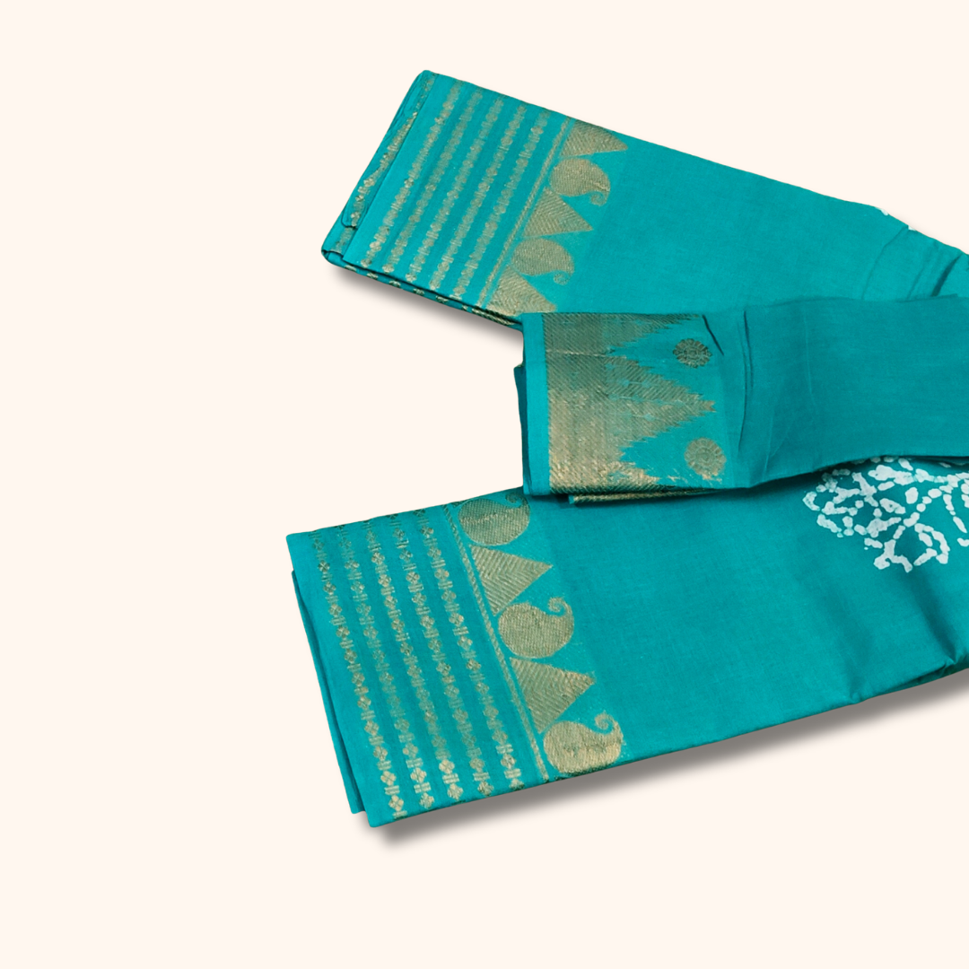 Sky Blue Sungudi Cotton Saree with White Batik Floral Design & Silver Zari Border