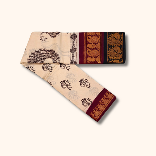 Cream Printed Sungudi Cotton Saree with Maroon & Black Peacock Zari Border