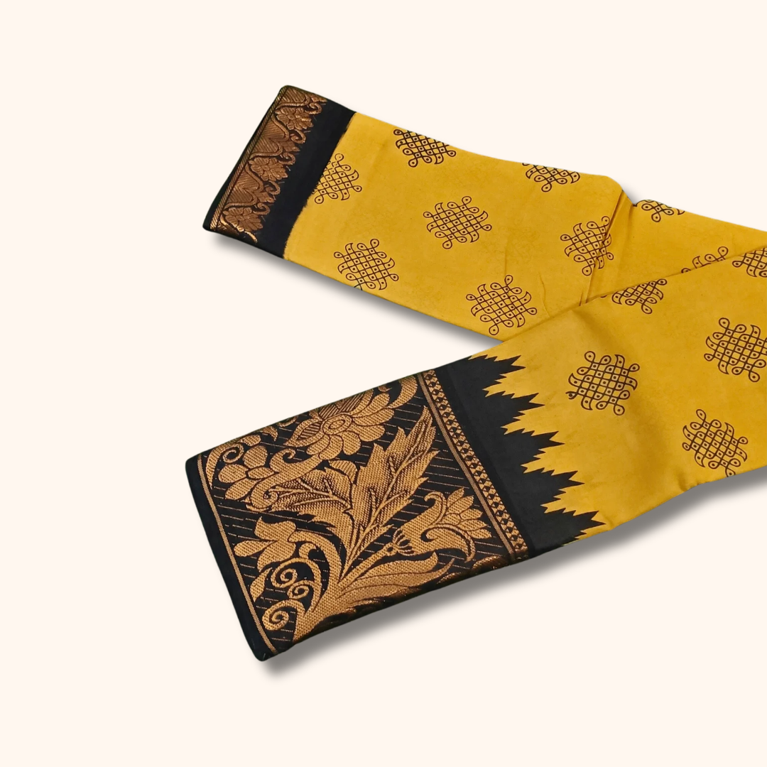 Mustard Yellow Kolam Print Cotton Saree with Black Floral Border