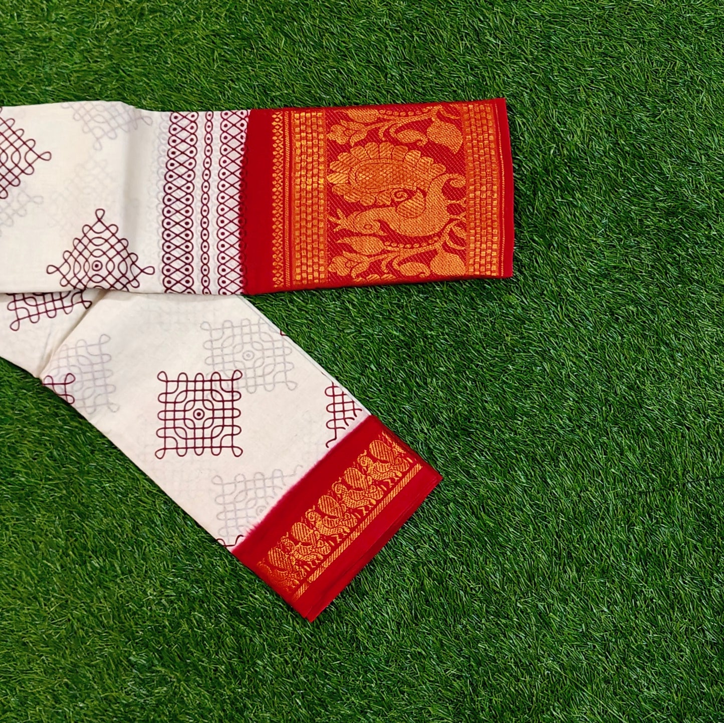 Attractive White Printed Cotton Saree with Bright Red Designer Border