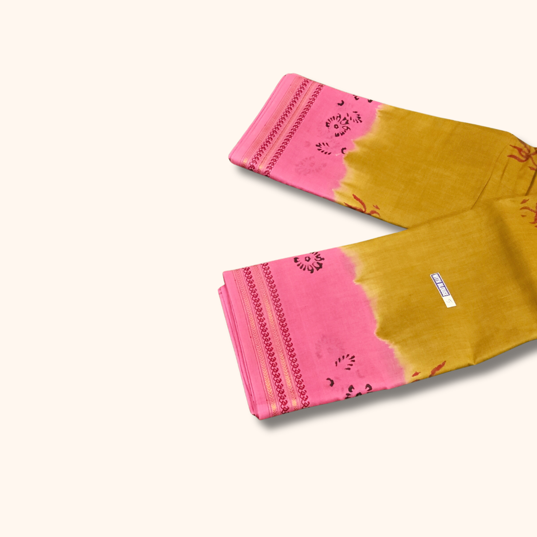 Mustard Yellow Sungudi Cotton Saree with Pink Border