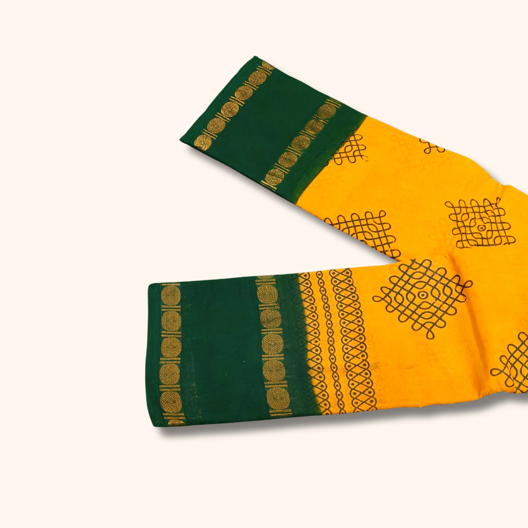 Mustard Yellow Sungudi Kolam Cotton Saree with Emerald Green Border