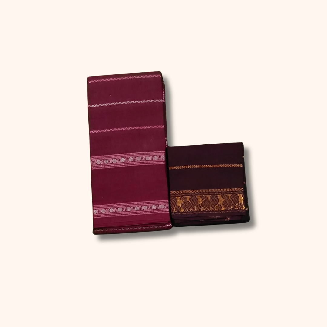 Wine Sungudi Cotton Saree with Silver Zari Border & Coffee Brown Separate Blouse