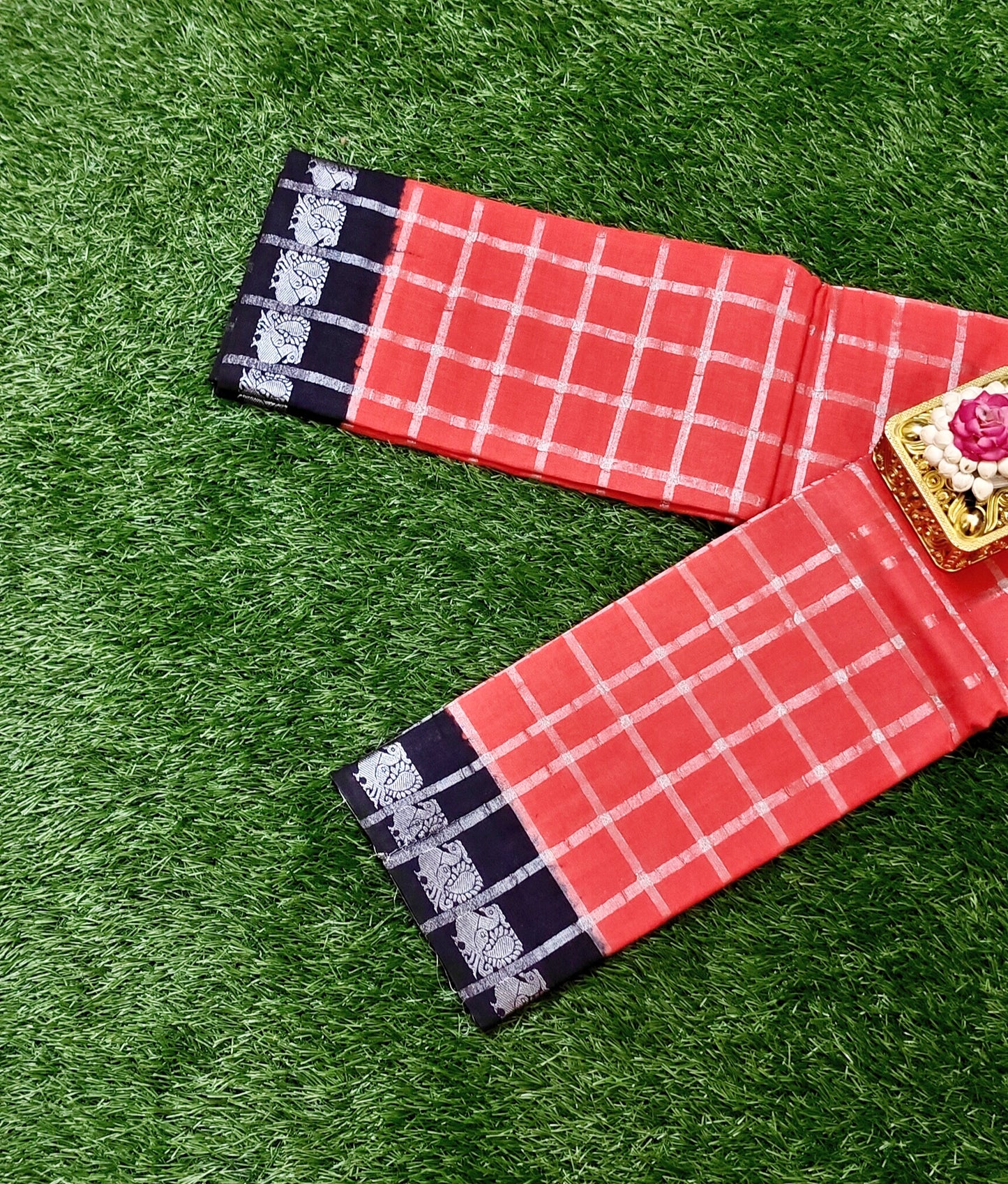 Tomato Red Pavithra Kattam Cotton Saree with Silver Checks & Contrast Dark Blue Border