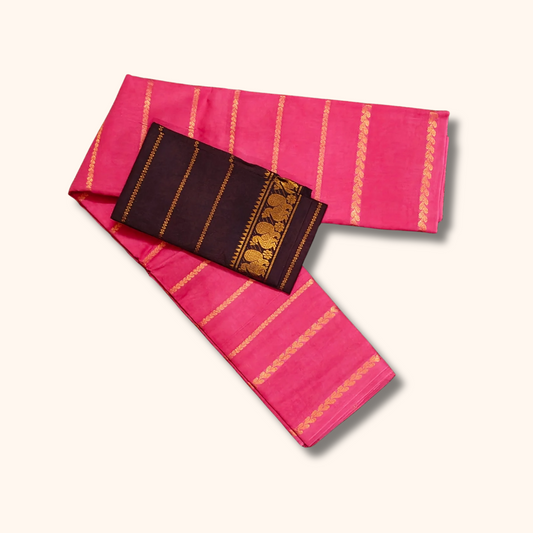 Rose Pink Cotton Saree with Contrast Maroon Blouse