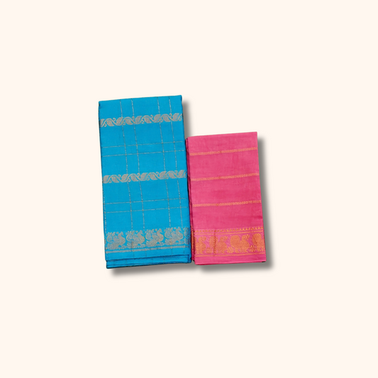 Turquoise Blue & Pink Cotton Saree with Gold Zari Checks & Peacock Border – Separate Blouse