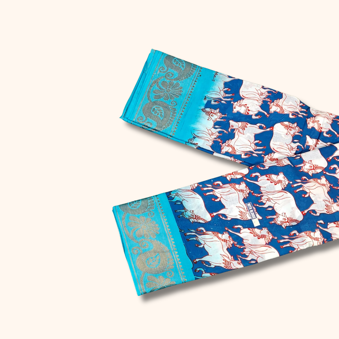Royal Blue Cow Print Sungudi Cotton Saree with Turquoise Blue Border
