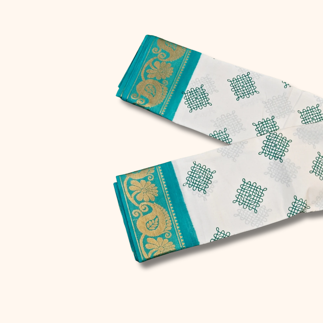 White Cotton Saree with Teal Peacock Zari Border