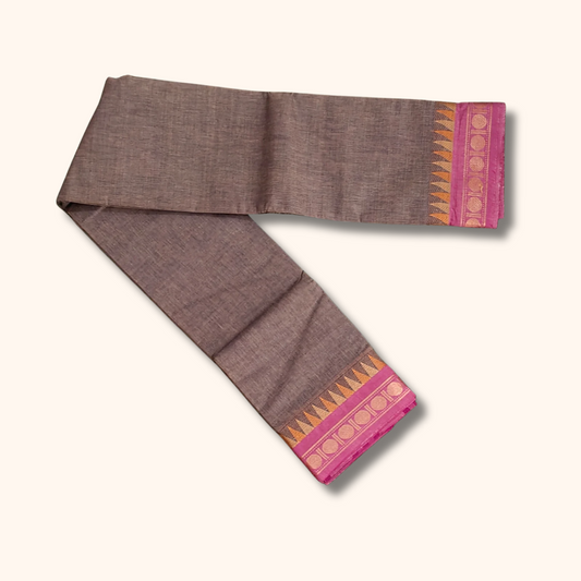 Elegant Grey Chettinad Cotton Saree with Pink Temple Border