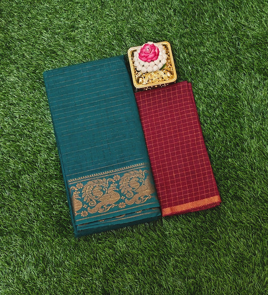 Teal Green Sungudi Cotton Saree with Peacock Border & Contrast Maroon Blouse