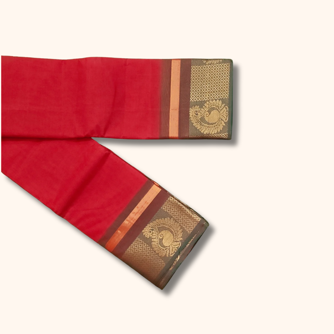 Bright Red Chettinad Cotton Saree with Traditional Peacock Zari Border