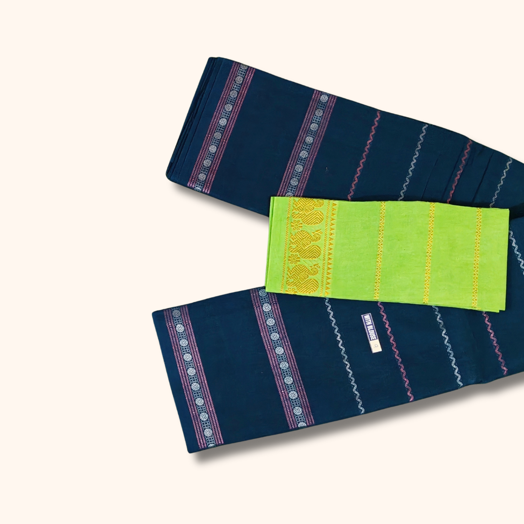 Navy Blue Sungudi Cotton Saree with Parrot Green Blouse – Separate Blouse Piece