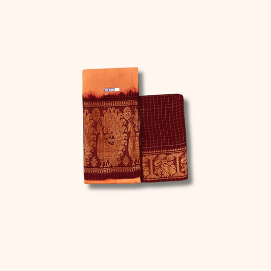 Orange & Maroon Pure Sungudi Cotton Saree with Traditional Zari Border