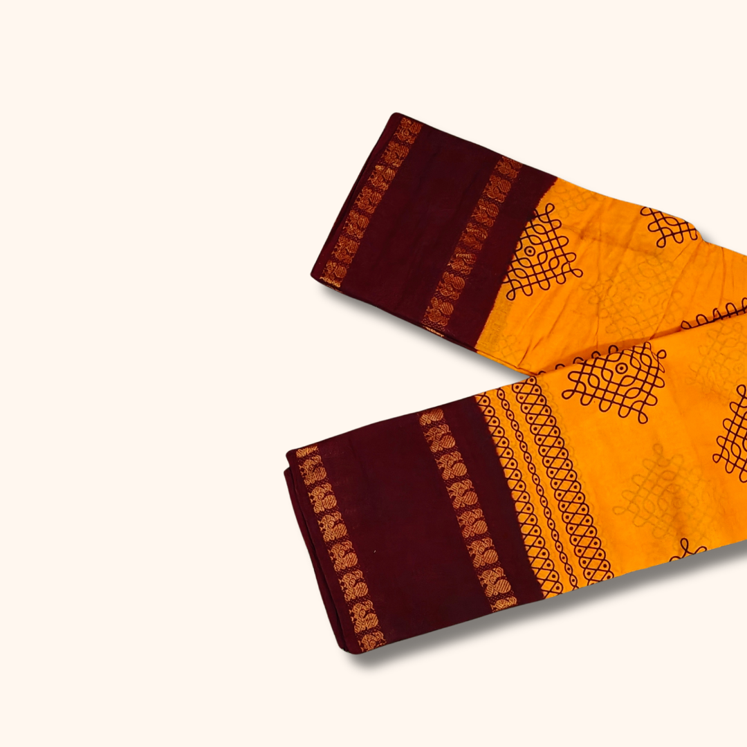 Mustard Yellow Sungudi Cotton Saree with Maroon Border & Gold Zari
