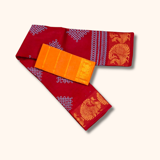 Ruby Red Sungudi Cotton Saree with White Kolam Print & Peacock Border