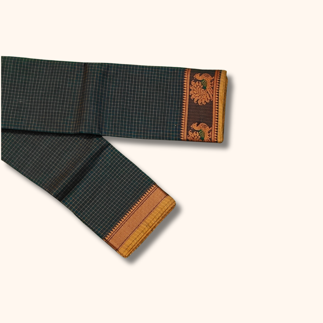 Bottle Green Chettinad Cotton Saree with Traditional Peacock Border