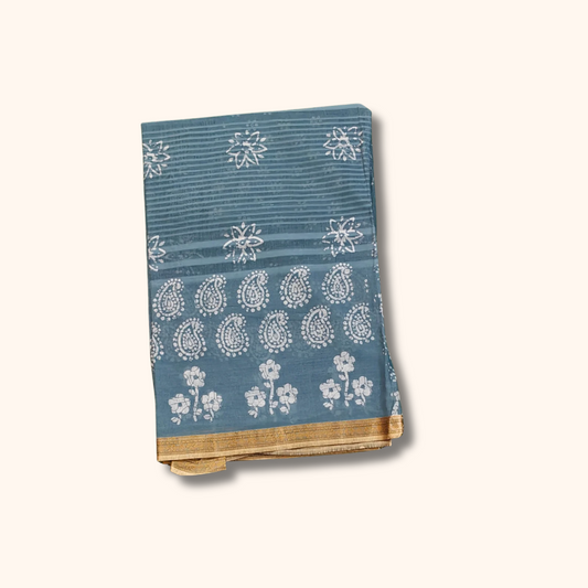 Dusty Blue Pure Cotton Saree with Floral Print & Gold Zari Border – Separate Blouse