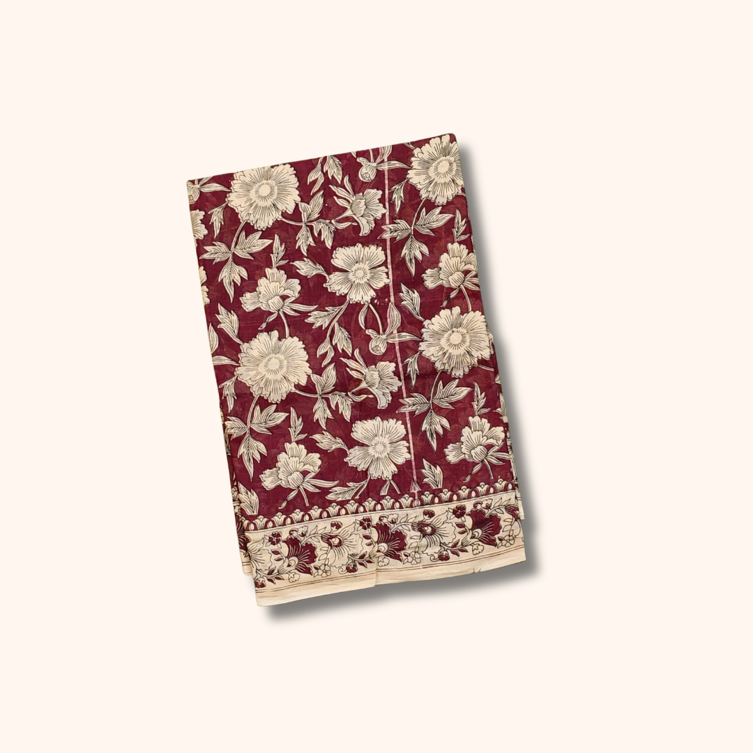 Maroon Floral Kalamkari Cotton Saree with Traditional Printed Border