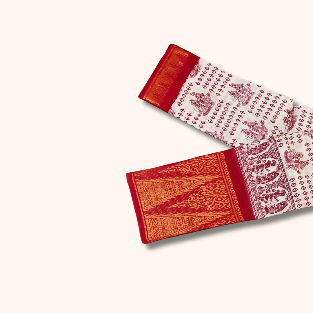 White Printed Cotton Saree with Red Temple Border