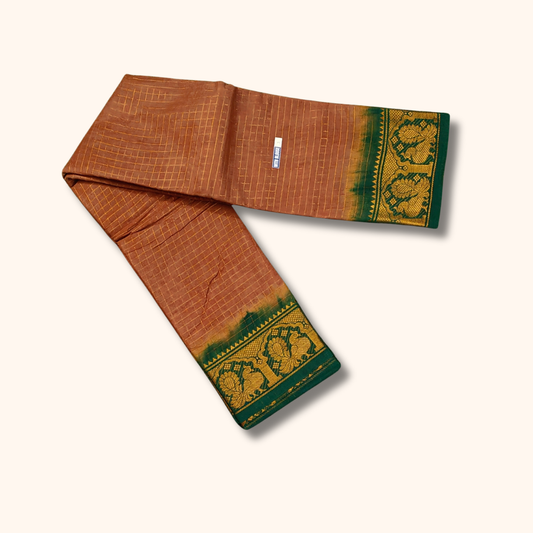 Coffee Brown Thread Work Sungudi Cotton Saree with Green Peacock Zari Border
