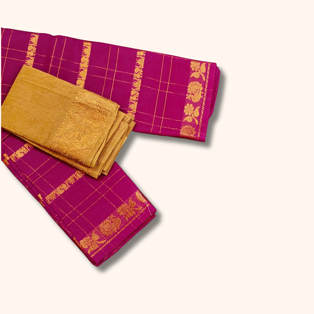 Magenta Pink Saree with Gold Zari Checks & Floral Border – Separate Blouse Piece
