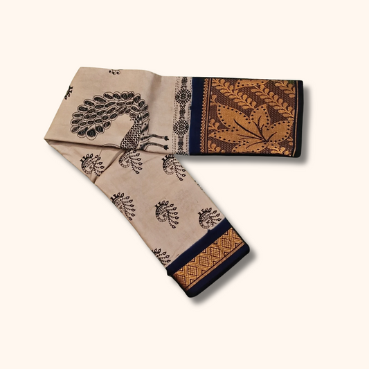 Grey Peacock Printed Sungudi Cotton Saree with Floral Border